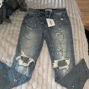 Kancan5/26 high rise folded super skinny classic distressed w/ paint splatter